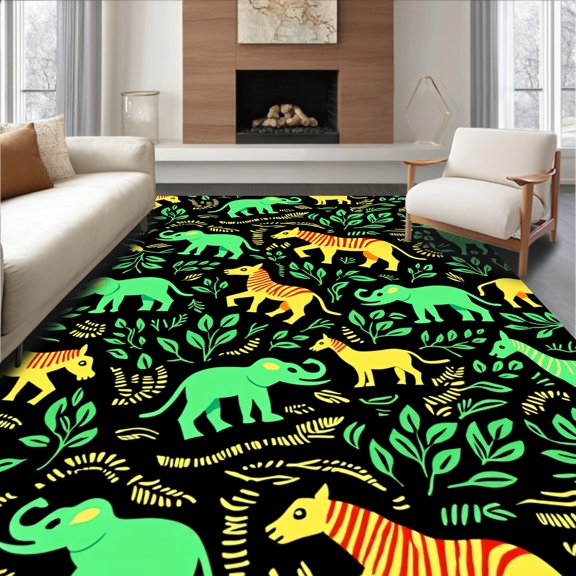 ODIKA 2x3 Machine Washable Non-Slip Area Rug, Wildlife Safari Play Featuring Exotic Animal and Leaf Motifs High Traffic Rug, Black, 681933