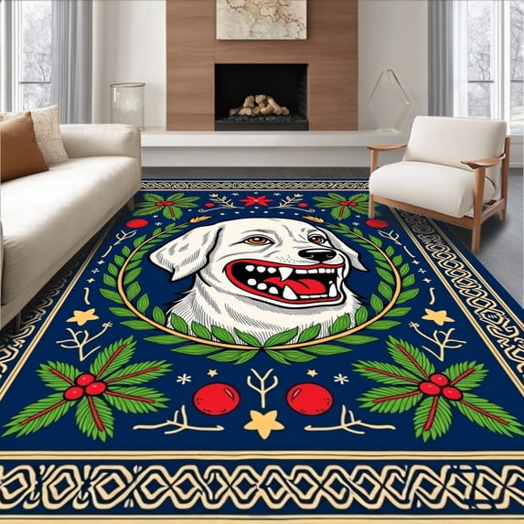 ODIKA 2'x3' Machine Washable Non-Slip Area Rug, Winter Canine Portrait with Festive Evergreen and Ornamental Accents High Traffic Rug with Pad, Blue, 640079