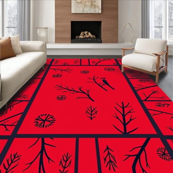 ODIKA 2'x3' Machine Washable Non-Slip Area Rug, Winter Cardinal Welcome with Branch Perch Design High Traffic Rug, Red, 612154