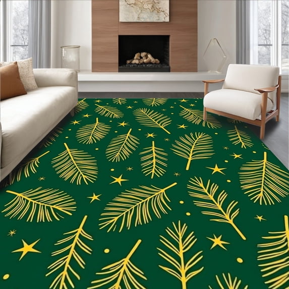 ODIKA 2'x3' Machine Washable Non-Slip Area Rug, Winter Evergreen Branches and Twinkling Motif Duo High Traffic Rug with Pad, Green, 627646