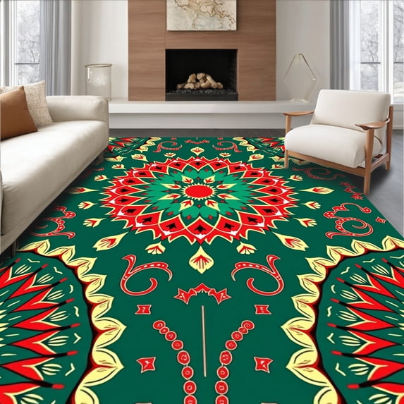 ODIKA 2'x3' Machine Washable Non-Slip Area Rug, Winter Festival Mosaic with Starburst Flourishes and Playful Petals High Traffic Rug, Green, 613567