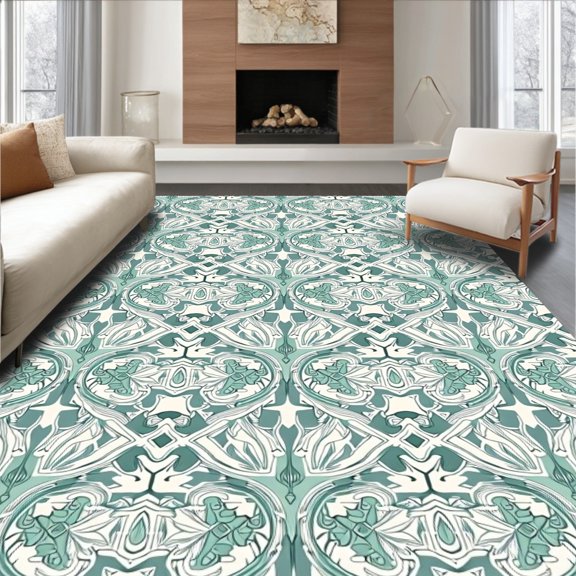 ODIKA 2'x3' Machine Washable Non-Slip Area Rug, Winter Lattice Featuring Stylized Snow Crystals High Traffic Rug, Teal, 741460