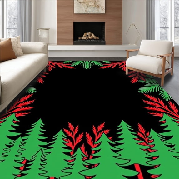 ODIKA 2'x3' Machine Washable Non-Slip Area Rug, Winter Pine Forest with Cascading Berry Sprig Borders High Traffic Rug, Red, 733384