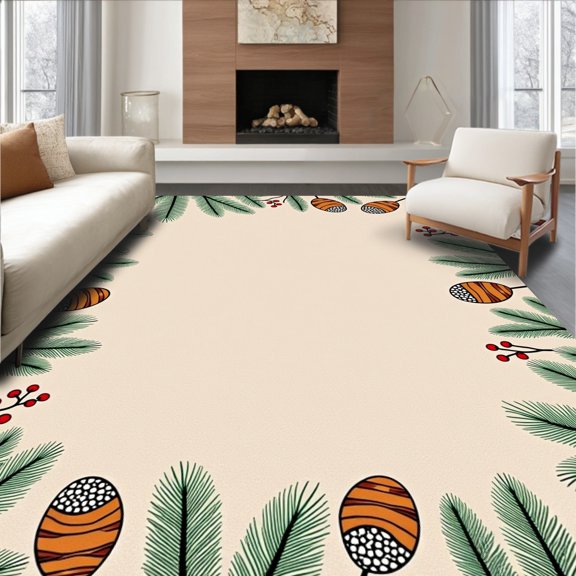 ODIKA 2x3 Machine Washable Non-Slip Area Rug, Winter Pinecone Botanical Evergreen Branch Festive Celebration High Traffic Rug, Beige, 656054