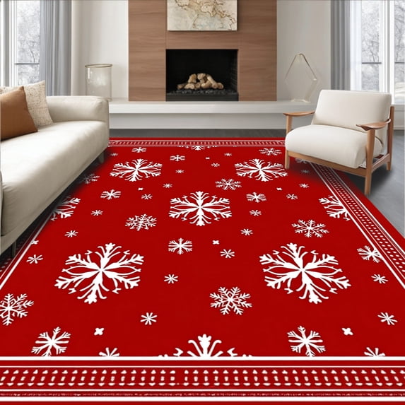 ODIKA 2'x3' Machine Washable Non-Slip Area Rug, Winter Snowflake Medallion with Crystalline Motifs High Traffic Rug with Pad, Red, 507641