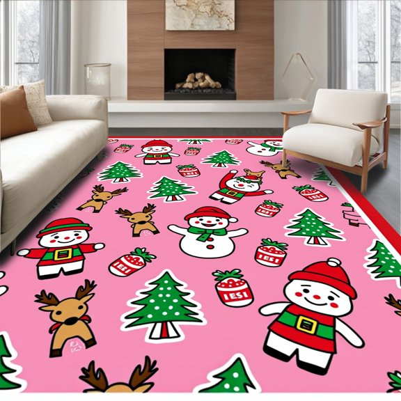 ODIKA 2x3 Machine Washable Non-Slip Area Rug, Winter Wonderland Cartoon Hooking with Jolly Characters High Traffic Rug, Pink, 729342