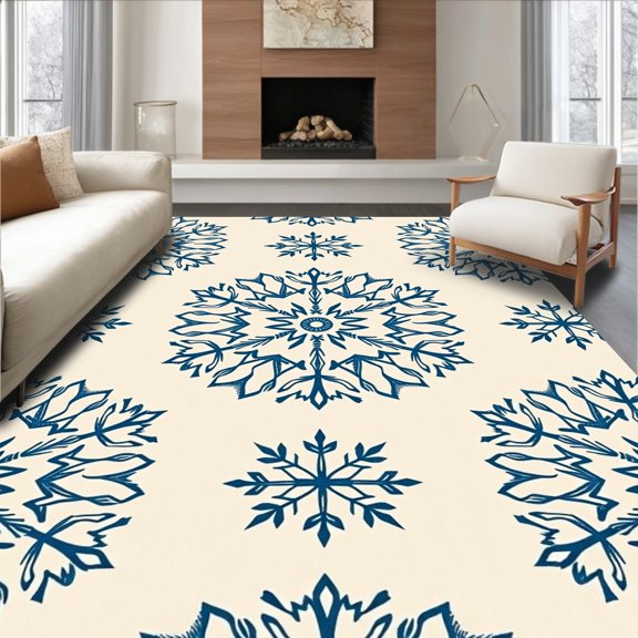 ODIKA 2'x3' Machine Washable Non-Slip Area Rug, Winter Wonderland Latch Hook Featuring Snowflake Symmetry High Traffic Rug, Blue, 637481