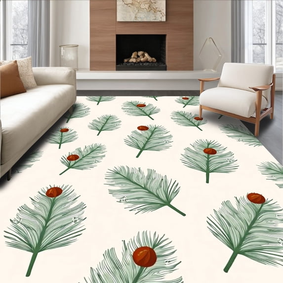 ODIKA 2'x3' Machine Washable Non-Slip Area Rug, Winter Wonderland Pine Branch Motif Vintage Style High Traffic Rug with Pad, White, 738569