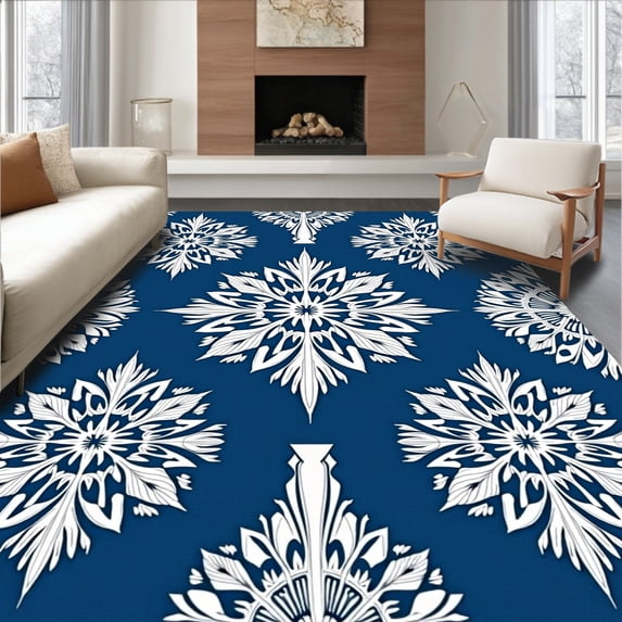 ODIKA 2'x3' Machine Washable Non-Slip Area Rug, Winter Wonderland Snowflake Medallion Decorative Floor Covering High Traffic Rug, Blue, 610323