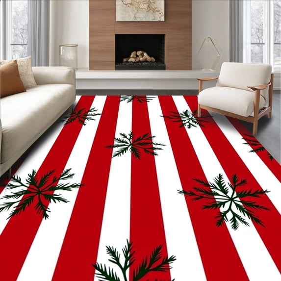 ODIKA 2'x3' Machine Washable Non-Slip Area Rug, Winterberry Stripe and Evergreen Branch Motif High Traffic Rug, Red, 612144