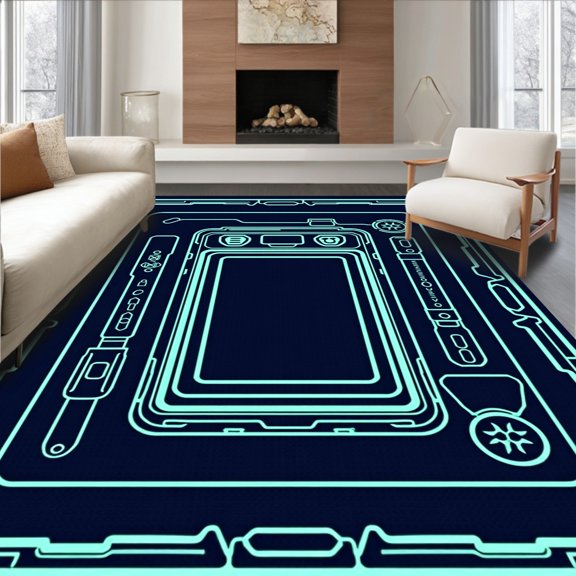 ODIKA 2x3 Machine Washable Non-Slip Area Rug, Wireframe Device Blueprint Technical Schematic Digital Illustration High Traffic Rug, Blue, 579972