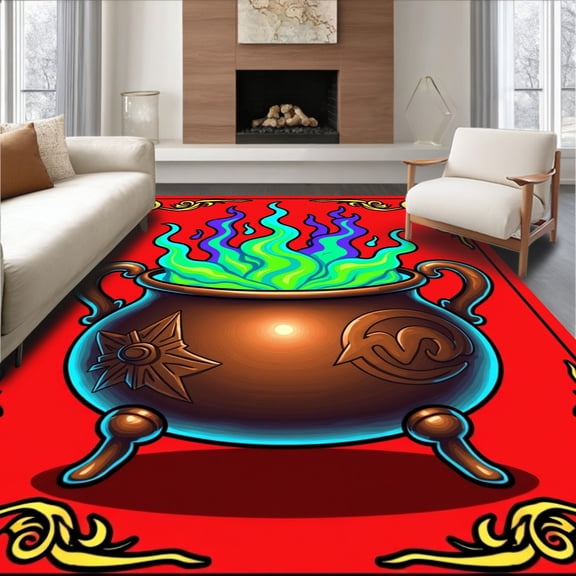 ODIKA 2x3 Machine Washable Non-Slip Area Rug, Witching Hour Cauldron Brew Tree Skirt with Bubbling Potion Magic Swirls High Traffic Rug, Red, 631899