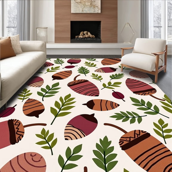 ODIKA 2x3 Machine Washable Non-Slip Area Rug, Woodland Acorn Pinecone Forest Decorative High Traffic Rug, Green, 601728