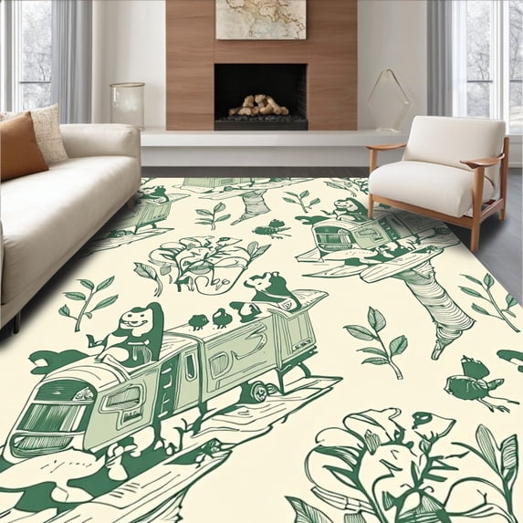 ODIKA 2'x3' Machine Washable Non-Slip Area Rug, Woodland Creature Railway Adventure with Dimensional High Traffic Rug with Pad, Beige, 683038