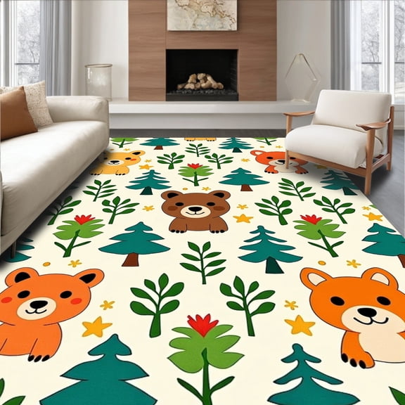 ODIKA 2x3 Machine Washable Non-Slip Area Rug, Woodland Creatures Forest Friends Bear Deer Fox Whimsical Character Design High Traffic Rug, Beige, 683097