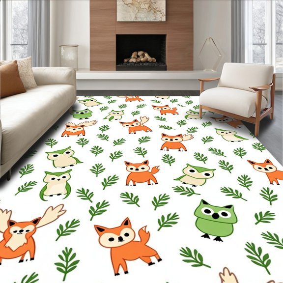 ODIKA 2x3 Machine Washable Non-Slip Area Rug, Woodland Forest Fox Bear Owl Deer Friendly Creatures High Traffic Rug, Orange, 684486