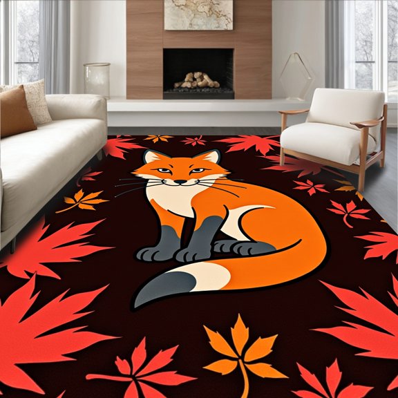 ODIKA 2x3 Machine Washable Non-Slip Area Rug, Woodland Fox Among Autumn Leaves Latch Hook High Traffic Rug, Orange, 633144