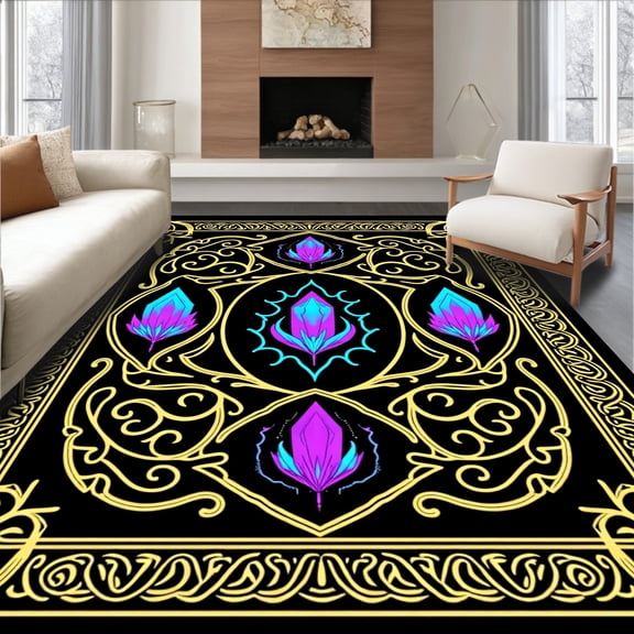 ODIKA 2x3 Machine Washable Non-Slip Area Rug, Yoga Throw featuring Chakra Symbols and Iconography High Traffic Rug, Black, 704642