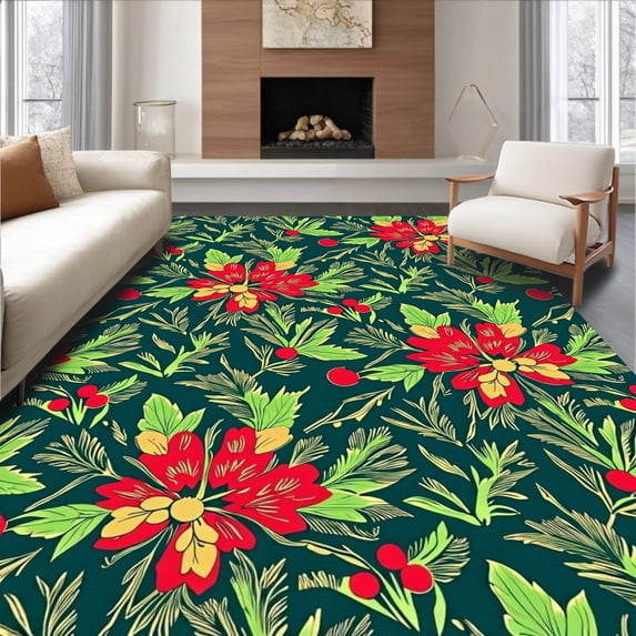 ODIKA 2'x3' Machine Washable Non-Slip Area Rug, Yuletide Botanical Embellished Decoration High Traffic Rug, Red, 605865