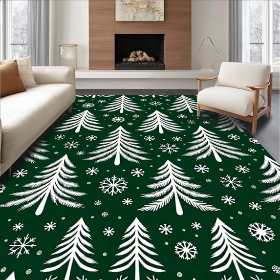 ODIKA 2'x3' Machine Washable Non-Slip Area Rug, Yuletide Pine Tree Forest Scene Holiday Accent High Traffic Rug with Pad, Green, 733028