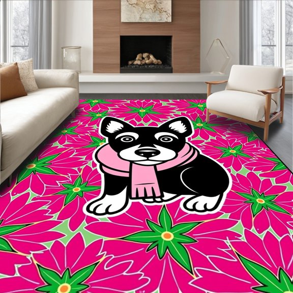 ODIKA 2x3 Machine Washable Non-Slip Area Rug, Yuletide Schnauzer Framed by Interlocking Festive Poinsettia Motifs High Traffic Rug, Pink, 646537