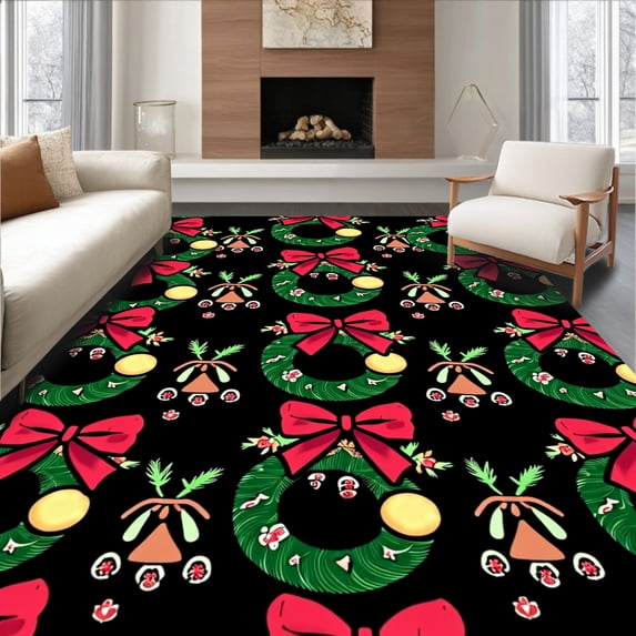 ODIKA 2'x3' Machine Washable Non-Slip Area Rug, Yuletide Themed Fabric Art Creation Traditional Embroidery Crafting Tool High Traffic Rug with Pad, Black, 730698