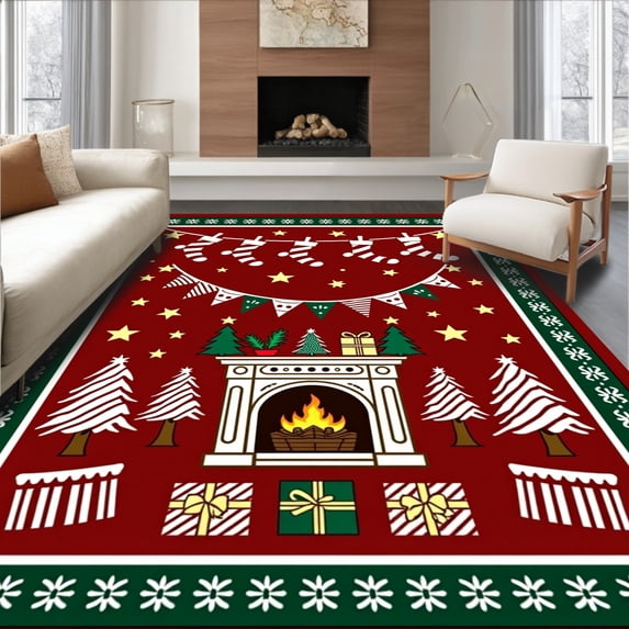 ODIKA 2'x3' Machine Washable Non-Slip Area Rug, Yuletide Washroom Entryway Hearth Stockings Display High Traffic Rug, Red, 626579