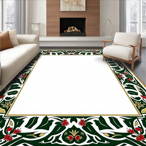 ODIKA 2'x3' Machine Washable Non-Slip Area Rug, Yuletide Wreath Welcome with Ornamental Border High Traffic Rug, Green, 738265