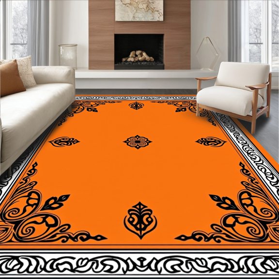 ODIKA 2x3 Machine Washable Non-Slip Area Rug, Zen Garden Chakra Symbol Throw with Ornate Paisley Border Details High Traffic Rug, Orange, 709428