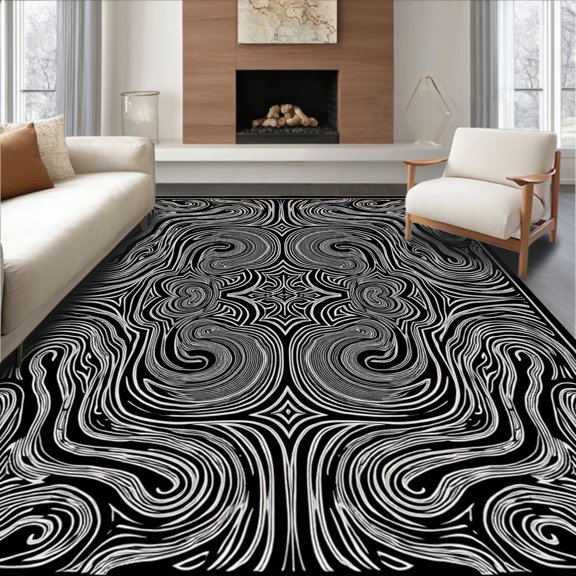 ODIKA 2x3 Machine Washable Non-Slip Area Rug, Zen Garden Inspired Ripple Effect Tranquil Statement High Traffic Rug, Black, 562957