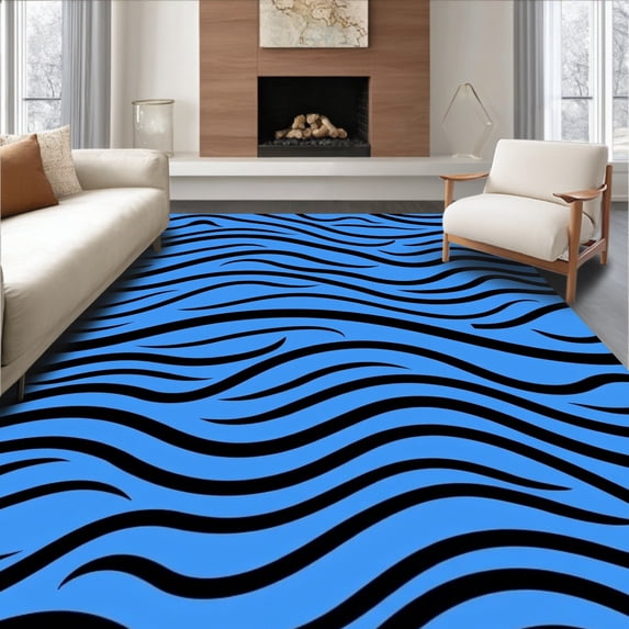 ODIKA 2'x3' Machine Washable Non-Slip Area Rug, Zen Garden Waves Ripple Effect Minimalist Japanese Inspired High Traffic Rug, Blue, 555720