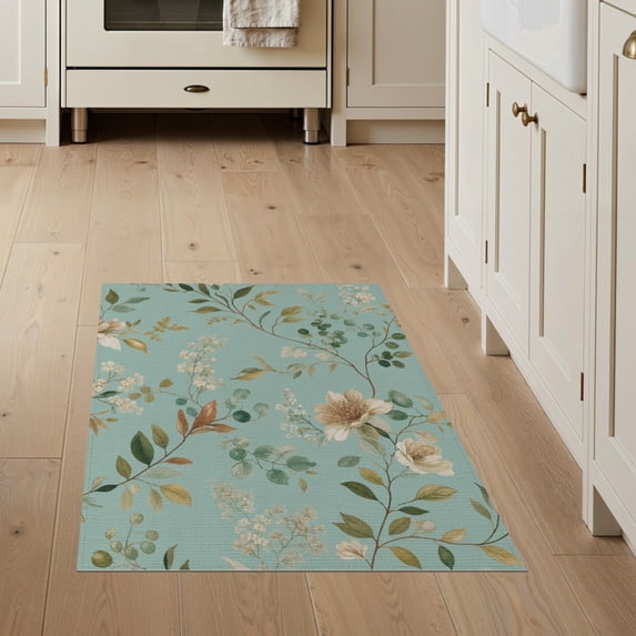 ODIKA 3'x5' Aqua Floral Elegance with Midnight Garden Washable Accent Rug Vintage Botanical Patterns for Timeless Decor Pet Friendly, Non-Shedding Mat for Bedside, Nursery Room