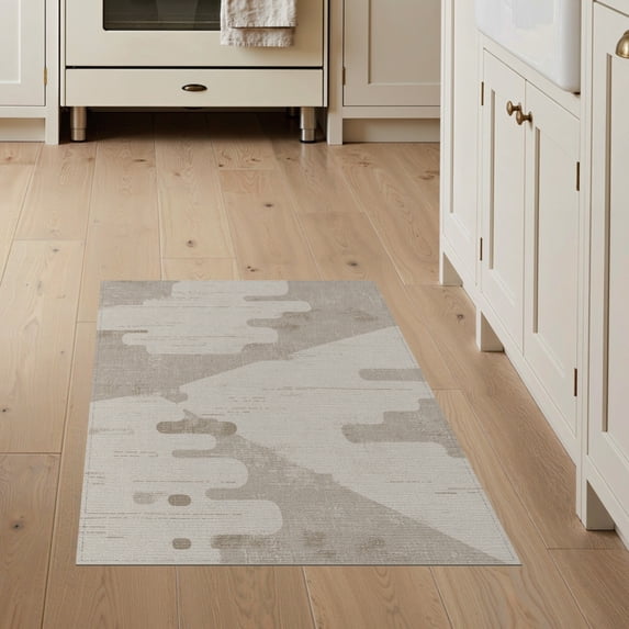 ODIKA 3'x5' Beige Abstract Cloud Formation Textured Washable Throw Rug Flowing Shapes With Layered Geometric And Subtle Stain Resistant, Low Profile, Non-Slip for Entryway, Kitchen, Mudroom