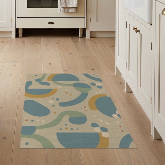 ODIKA 3'x5' Beige Blue Abstract Geometric Circles Washable Accent Rug Contemporary Curved Shapes Artistic Design With Flowing for Bedside, Nursery Room, Pet Friendly & Non-Shedding