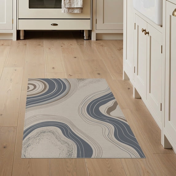 ODIKA 3'x5' Beige And Blue Abstract Waves Washable Accent Rug Modern Flowing Lines With Dynamic Curves By Design for Bedside, Nursery Room, Pet Friendly & Non-Shedding