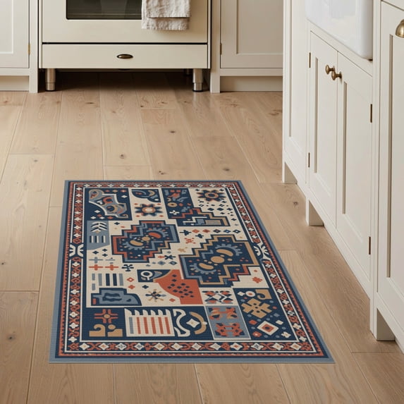 ODIKA 3'x5' Beige Blue Orange Geometric Mosaic Pattern Washable Throw Rug Intricate Abstract Design with Bold Shapes for Entryway, Kitchen, Mudroom, Stain Resistant, Low Profile, Non-Slip