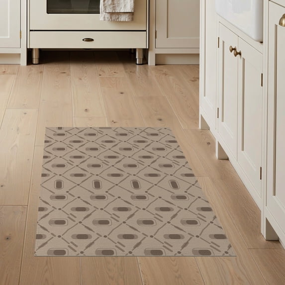 ODIKA 3'x5' Beige Brown Diamond Lattice Geometric Washable Area Rug Contemporary Intersecting Grid Motif with Oval for Hallway, Laundry Room, Non-Slip, Flatweave, Easy Care