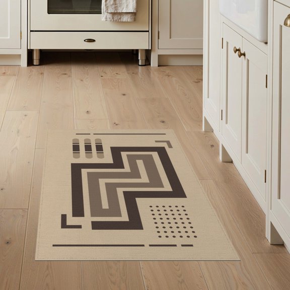 ODIKA 3'x5' Beige Brown Modern Geometric Maze Pattern Washable Accent Rug Contemporary Abstract Labyrinth Motif with Dotted Pet Friendly, Non-Shedding Mat for Bedside, Nursery Room