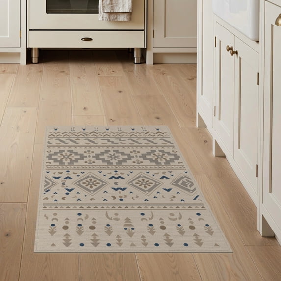 ODIKA 3'x5' Beige Brown Southwestern Geometric Washable Throw Rug Diamond Motifs Stain Resistant, Low Profile, Non-Slip for Entryway, Kitchen, Mudroom