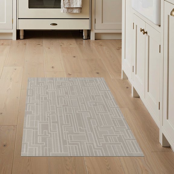 ODIKA 3'x5' Beige Contemporary Maze Pattern Geometric Washable Area Rug Modern Labyrinth Motif with Intricate Non-Slip, Flatweave, Easy Care for Hallway, Laundry Room