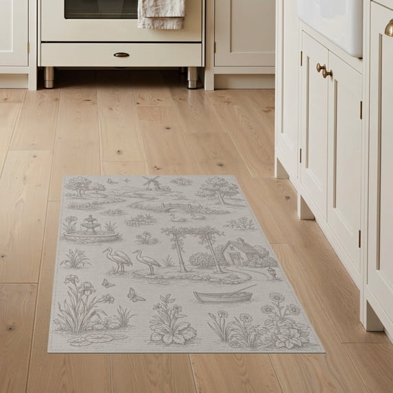 ODIKA 3'x5' Beige Countryside Scenic Hundred Washable Area Rug Landscape Design With Rustic And Wildlife Non-Slip, Flatweave, Easy Care for Hallway, Laundry Room