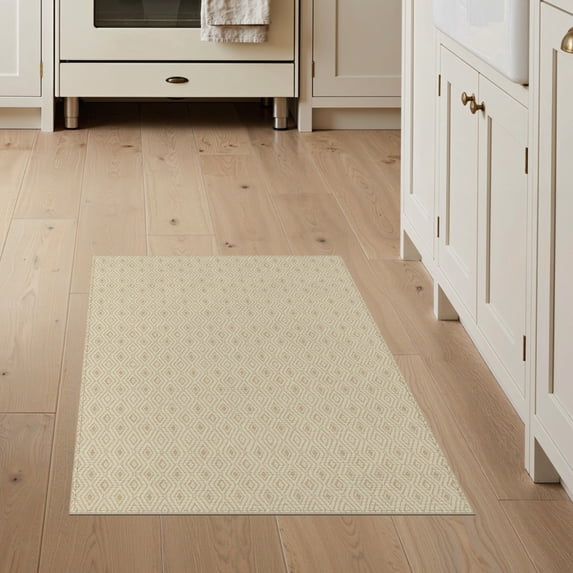ODIKA 3'x5' Beige Decorative Cream Symmetrical Grid Network Sala Tan Neutral Washable Area Rug None for Hallway, Laundry Room, Non-Slip, Flatweave, Easy Care