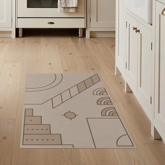 ODIKA 3'x5' Beige Geometric Art Design Washable Accent Rug Modern Abstract Pattern with Motifs for Bedside, Nursery Room, Pet Friendly & Non-Shedding