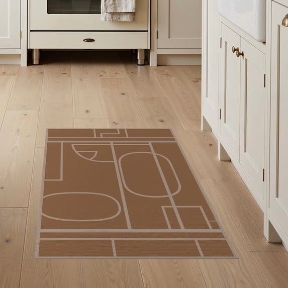 ODIKA 3'x5' Beige Geometric Art Design Washable Throw Rug Modern Abstract Lines with Clay Accents Stain Resistant, Low Profile, Non-Slip for Entryway, Kitchen, Mudroom