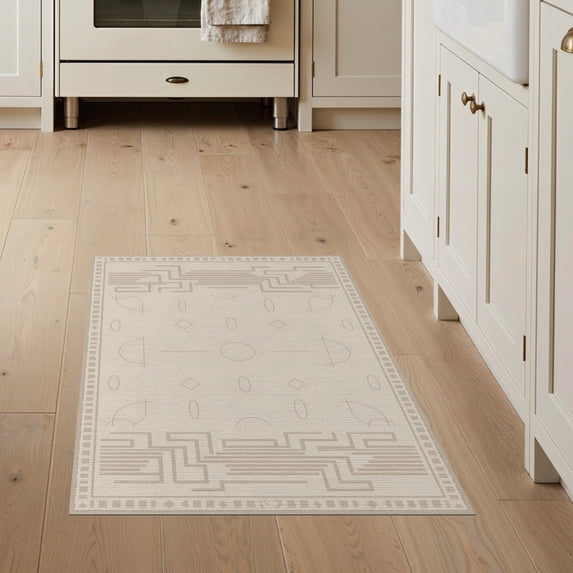 ODIKA 3'x5' Beige Geometric Bordered Design Washable Area Rug Intricate Abstract Patterns with Modern Flair Non-Slip, Flatweave, Easy Care for Hallway, Laundry Room