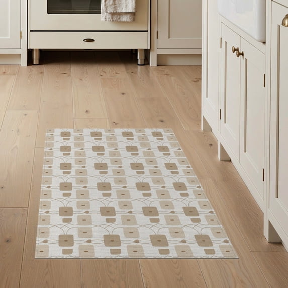 ODIKA 3'x5' Beige Geometric Chain Natural Stripe Washable Area Rug Contemporary Interlocking Square Motif With Flowing Curved Connector Non-Slip, Flatweave, Easy Care for Hallway, Laundry Room