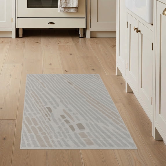 ODIKA 3'x5' Beige Gray Modern Geometric Pattern Washable Accent Rug Contemporary Motif Design with Flowing for Bedside, Nursery Room, Pet Friendly & Non-Shedding