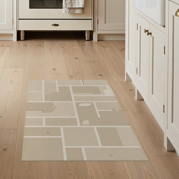 ODIKA 3'x5' Beige Modern Geometric Grid Abstract Washable Throw Rug Minimalist Block Pattern Design with Clean Lines for Entryway, Kitchen, Mudroom, Stain Resistant, Low Profile, Non-Slip