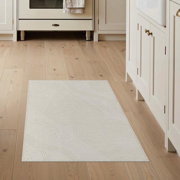 ODIKA 3'x5' Beige Modern Geometric Lines With Subtle Washable Accent Rug Curves And Waves Ornamental Balanced Border Layout Pet Friendly, Non-Shedding Mat for Bedside, Nursery Room