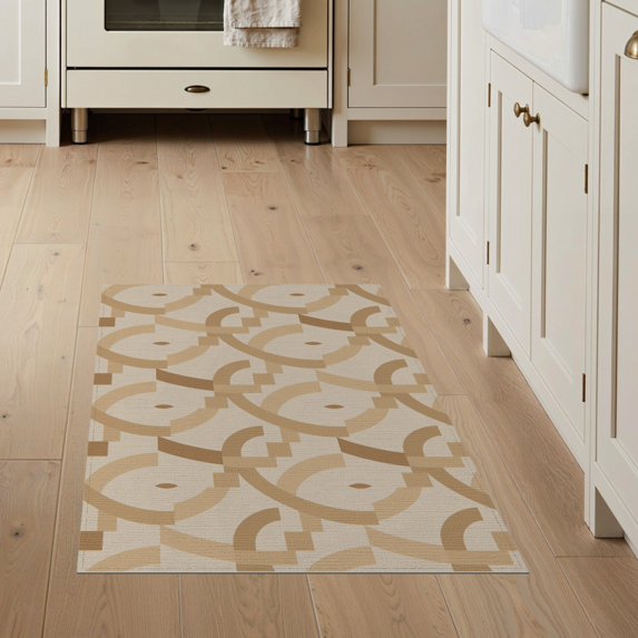ODIKA 3'x5' Beige Natural Geometric Design Washable Accent Rug Modern Abstract Pattern with Curved Motifs for Bedside, Nursery Room, Pet Friendly & Non-Shedding